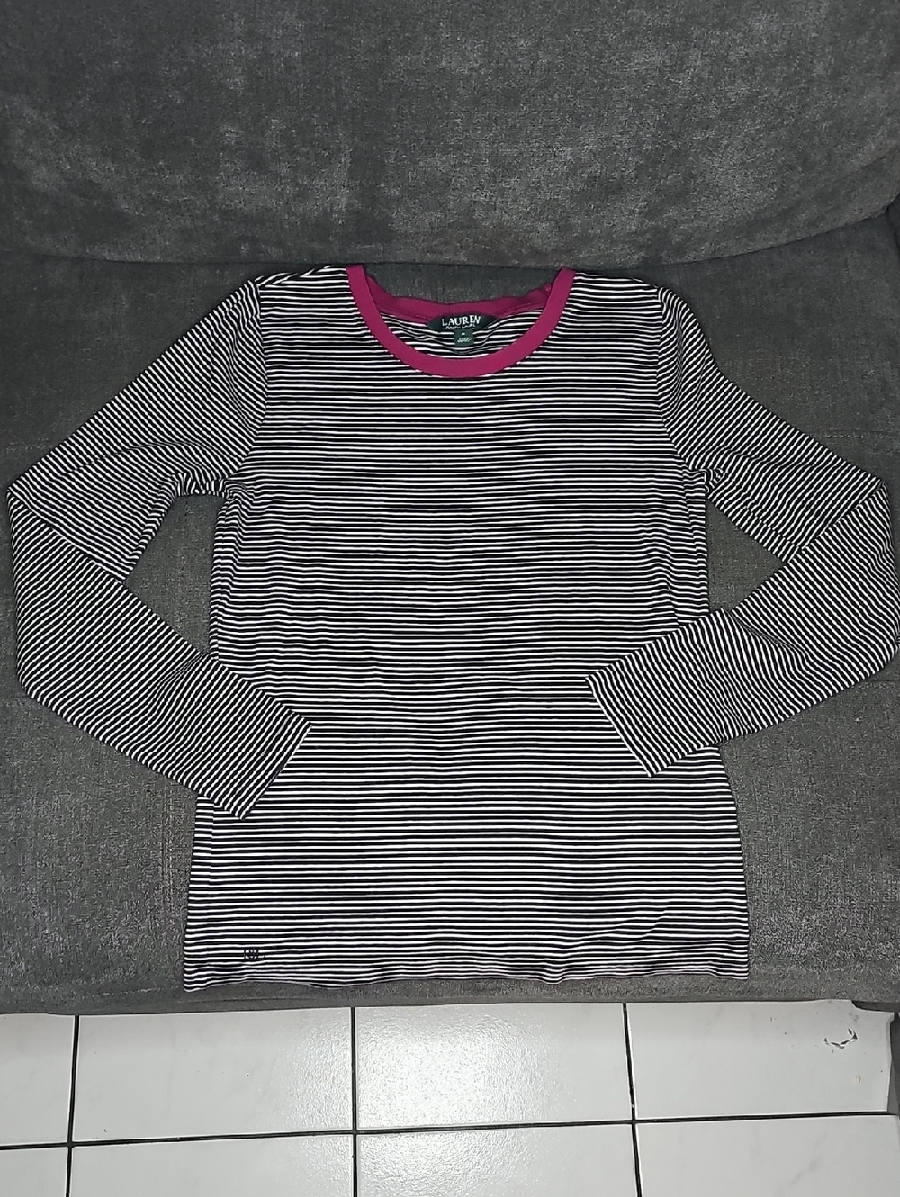 Lauren Ralph Lauren Black & White Striped Tee with Hot Pink Trim